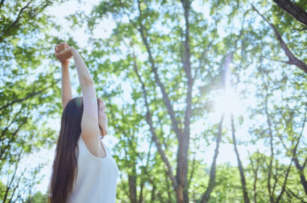自然の中で伸びをするイメージ